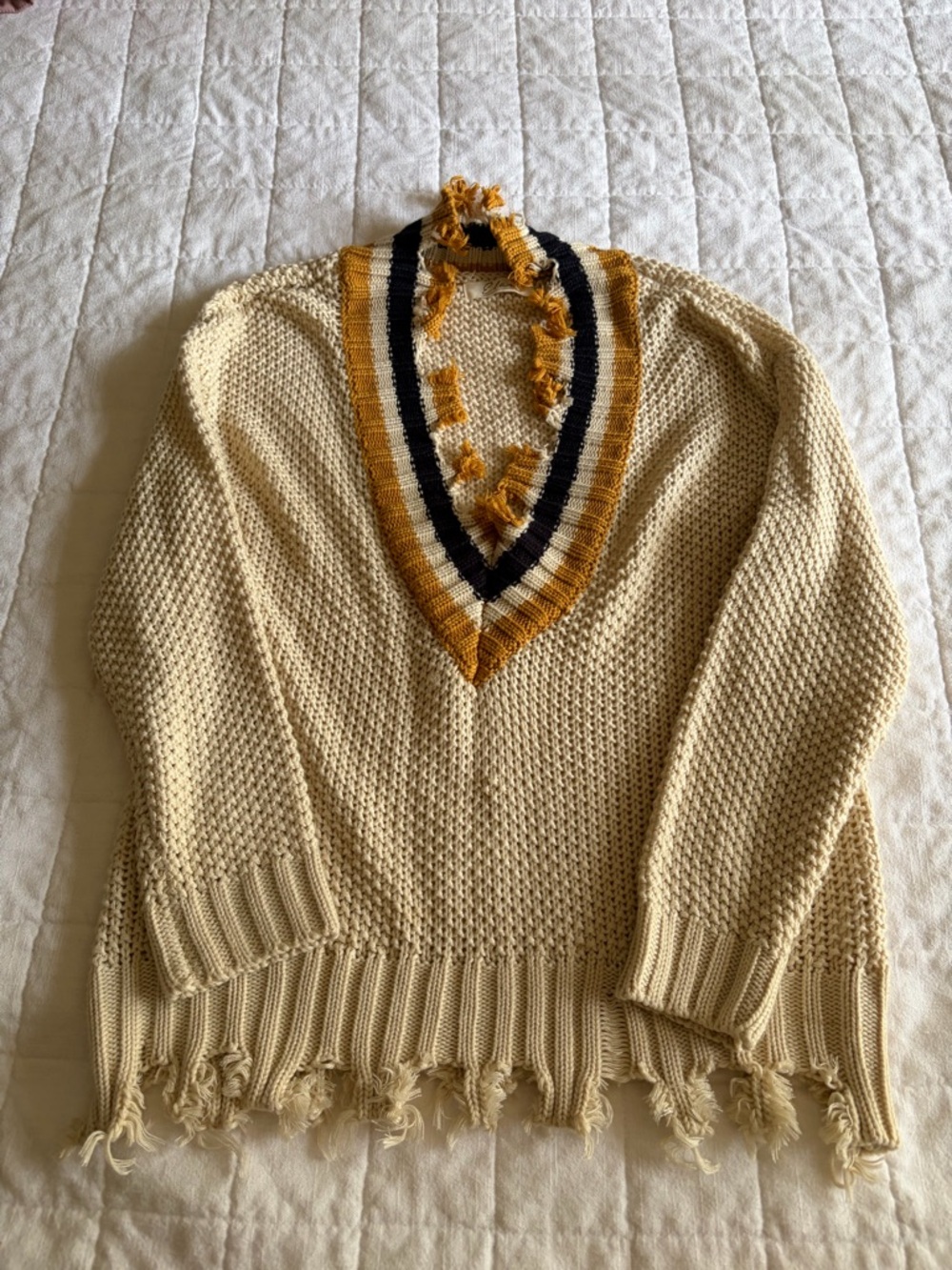 Elan Cream V-Neck Sweater with Mustard and Navy Trim